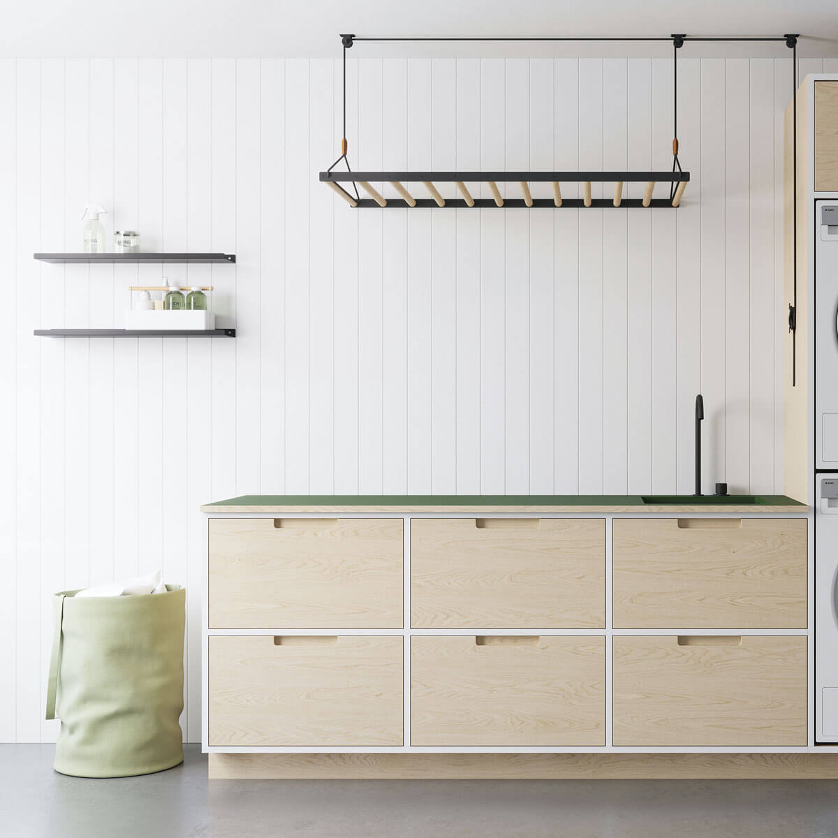 floating shelves in a laundry room